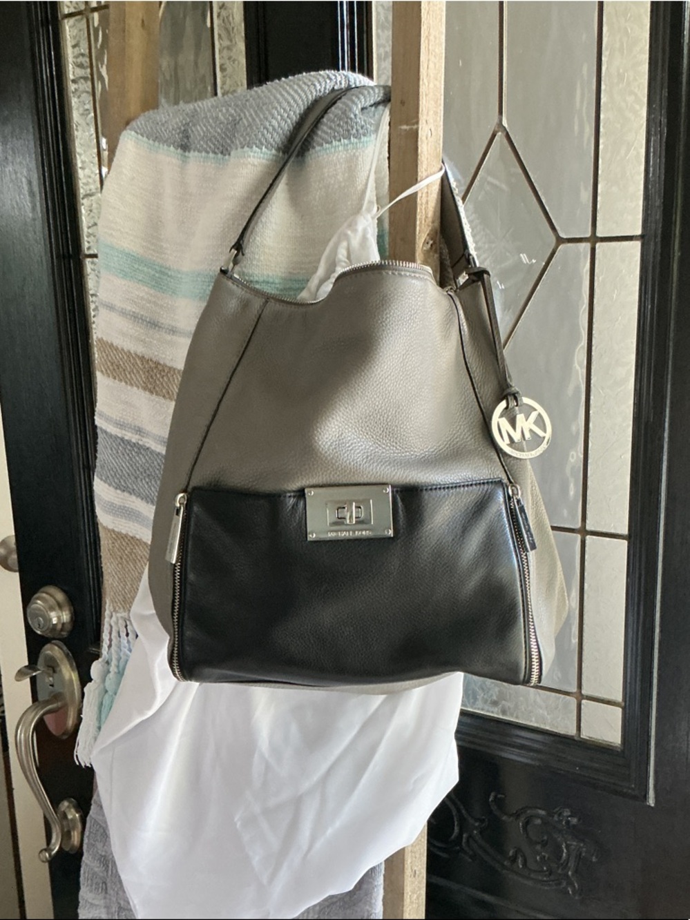 Michael Kors Two-Tone Gray and Black Pebble Leather Shoulder Bag with MK Charm